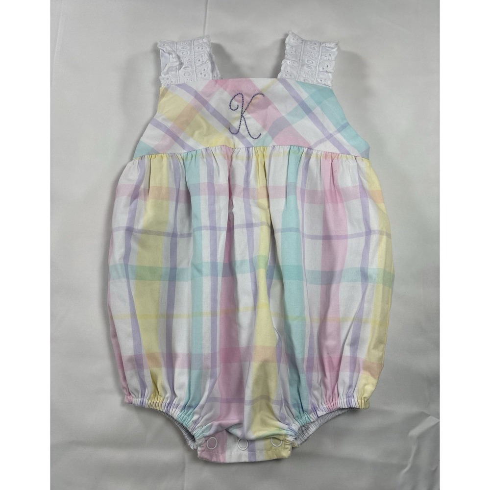 The Beaufort Bonnet Company Seersucker Plaid Romper Monogram K 6-12M